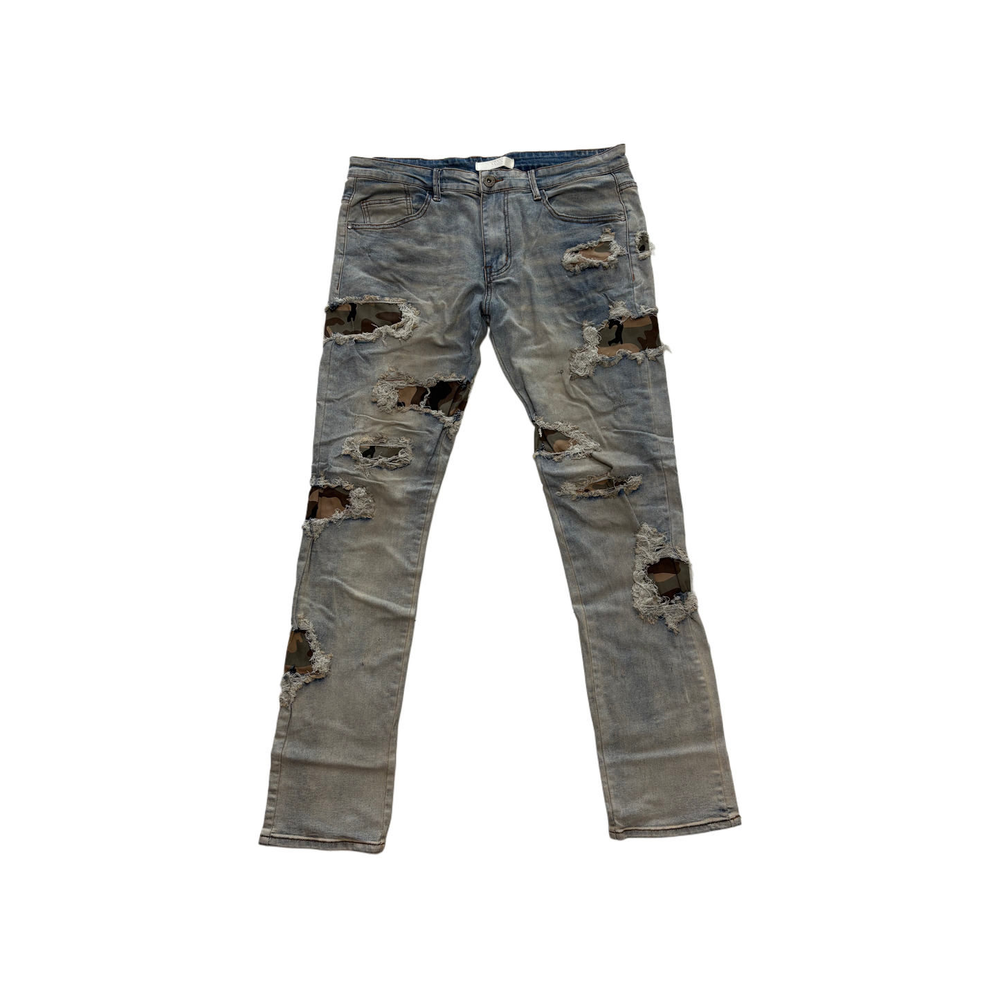KDNK Distressed Camo Patches Stacked Jean