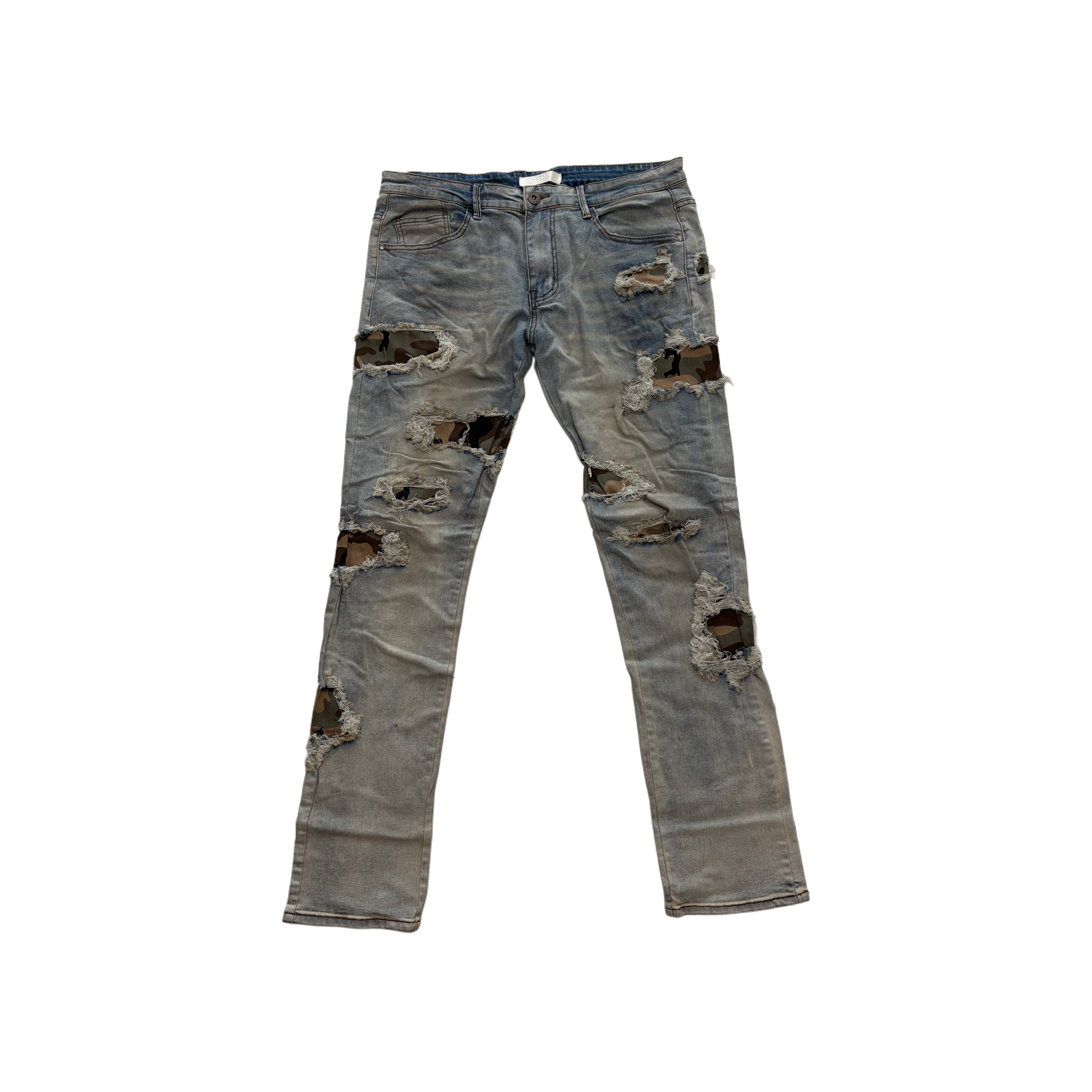 KDNK Distressed Camo Patches Stacked Jean